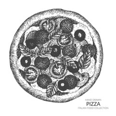 Hand drawn pizza top view with ink and pen. Vintage black and white illustration. Italian food or fast food vector element.