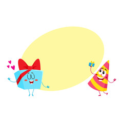 Smiling birthday party characters - striped hat and present, gift box, cartoon vector illustration with space for text. Funny birthday gift, present and party hat characters, mascots