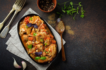Chakhokhbili - traditional Georgian dish. Stewed chicken with tomato, onion, garlic, pepper and cilantro. Selective focus. Top view.