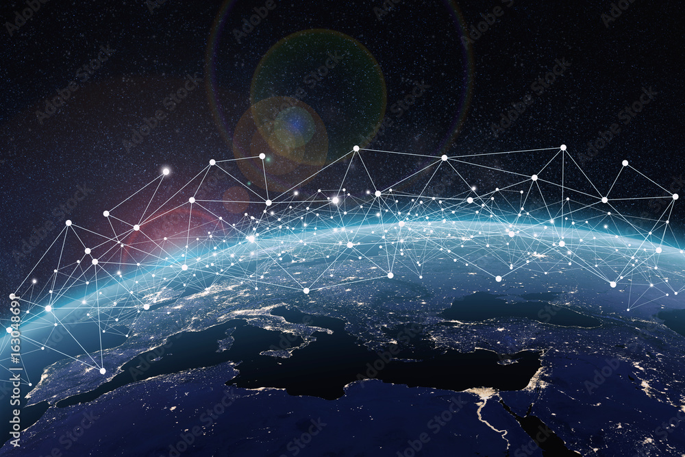 Wall mural global network on earth concept. 3d rendering elements of this image furnished by nasa