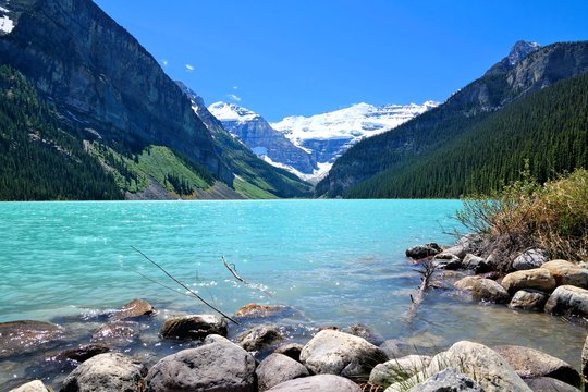 Beautiful view of the iconic Lake Louise, Banff National Park on a sunny day, Alberta, Canada