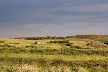 landscape with tent and green hills. travel concept