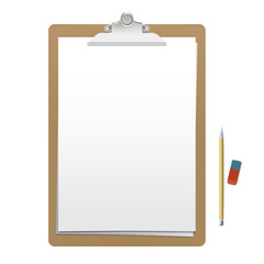 Realistic wooden clipboard with white empty page, pencil and eraser isolated on white background. Vector mockup for your sketches and business presentation.