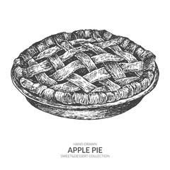 Hand drawn apple pie with ink and pen. Vintage black and white illustration. Sweet and dessert vector element.