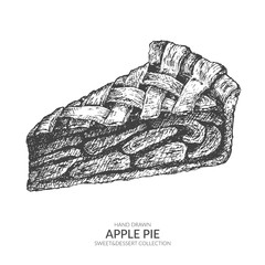 Hand drawn piece of apple pie with ink and pen. Vintage black and white illustration. Sweet and dessert vector element.