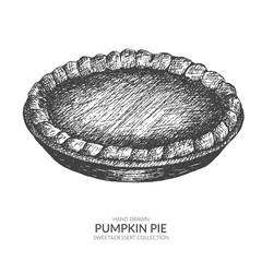 Hand drawn pumpkin pie with ink and pen. Vintage black and white illustration. Sweet and dessert vector element.