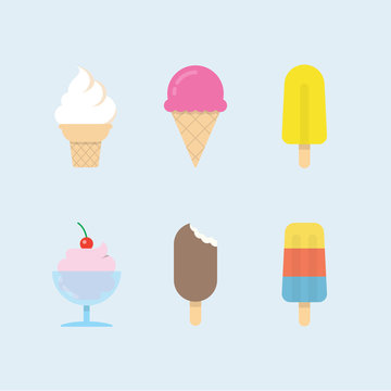 Set of ice cream icons. Vector ice cones, popsicles and ice cream balls in cups. Modern flat vector design.