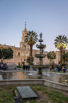 Cathedral and Fountain at Plaza de Armas - Arequipa, Peru