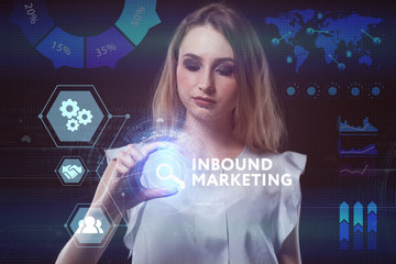 The concept of business, technology, the Internet and the network. A young entrepreneur working on a virtual screen of the future and sees the inscription: Inbound marketing