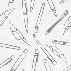Vector background with stationery: pens, pencil, brush, pen. Seamless education pattern.