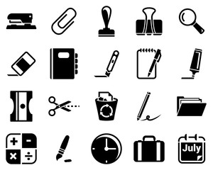 Set of simple icons on a theme stationery, office, vector, design, flat, sign, symbol,element, object, illustration. Black icons isolated against white background
