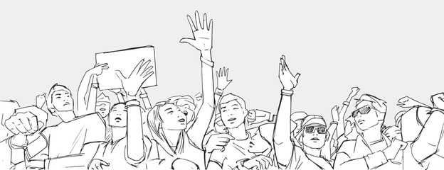 Illustration of mixed ethnic crowd having fun at concert