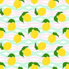 Seamless  floral pattern with lemon fruit on a zig zag, chevron geometric trendy background