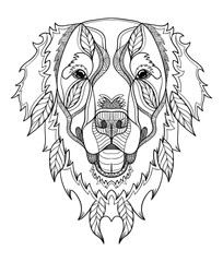 Golden retriever dog zentangle, doodle stylized head, hand drawn, pattern. Zen art. Ornate vector. Black and white illustration on white background.