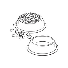 Two shiny plastic bowls, one empty, another filled with dry pet, cat, dog food, black and white sketch style vector illustration isolated on white background.