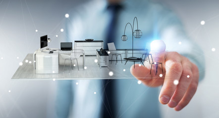 Businessman touching white 3D rendering apartment