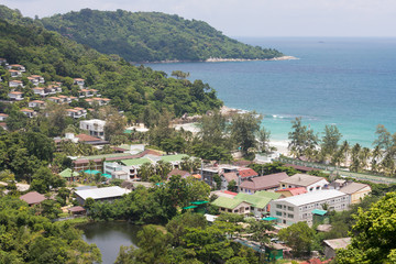 Fototapeta na wymiar Buildings, houses and hotels on the south-west coast of Phuket island in Thailand