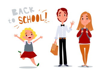 Welcome to school. Happy children and teenagers. A little cute little girl runs and laughs. Students with school bags. Isolated vector illustration with text on white