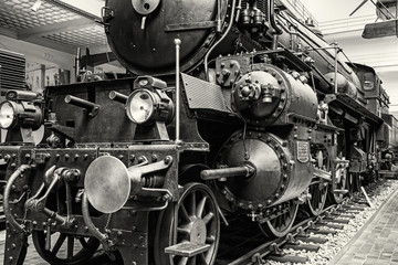 Steam locomotive in national technical museum in Prague, colorless