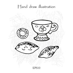 Cup and patty, tea set, hand drawing monochrome linear illustration
