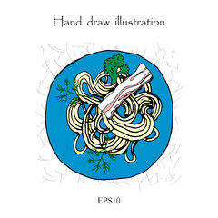 Italian pasta with bacon, vector hand drawn illustration