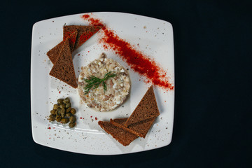 Seasoning salad. Toasts on a plate.