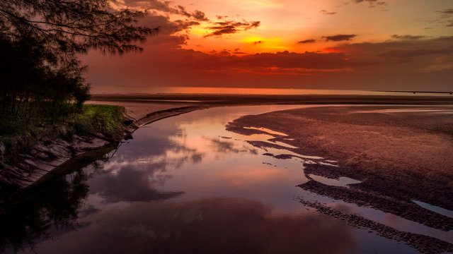 Aerial View: Vivid Purple Ocean Sunset, Khao Lak Thailand