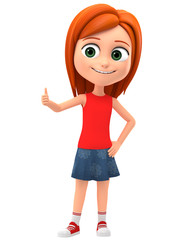 Happy young girl on a white background shows thumbs up. 3d rendering.