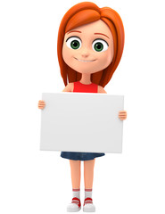 Happy young girl on a white background with a blank board. 3d rendering.