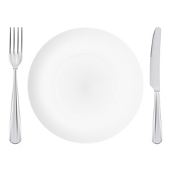 White Plate With Fork And Knife Crossed Isolated On A White Background.