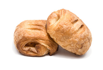 Croissant cheese sausage on white background.