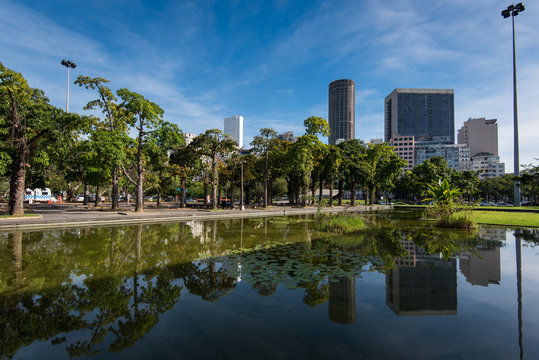 View of Rio de Janeiro Downtown Buildings Reflected in Water Pond