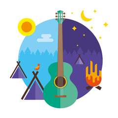 Vector camping illustration with tent, guitar and fire
