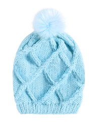 Azure blue warm winter knitted cap hat with a pom-pom isolated white