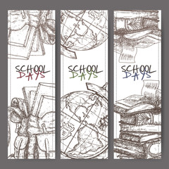 Three banners with hand drawn school related sketch.