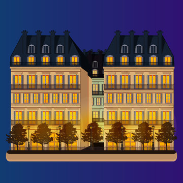 Evening streets of paris, vector illustration