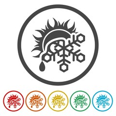 Sun and melting snowflake icons set