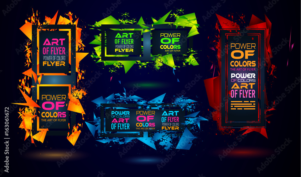 Poster futuristic frame art design with abstract shapes and drops of colors behind the space