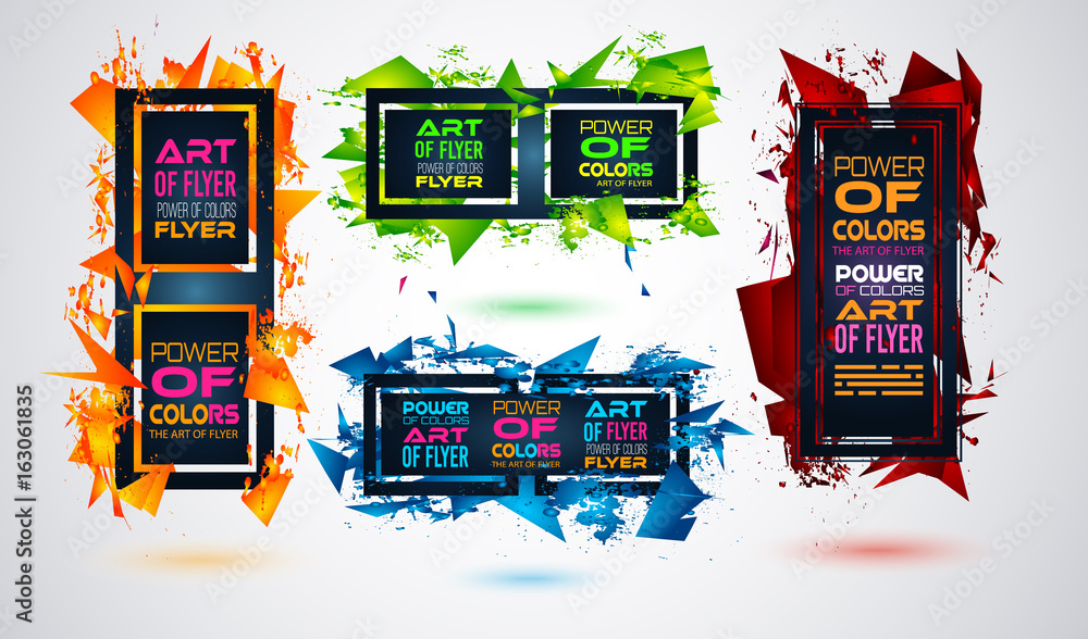 Poster futuristic frame art design with abstract shapes and drops of colors behind the space