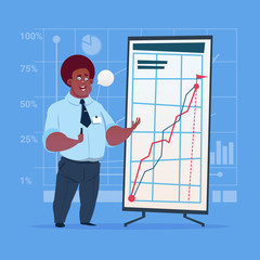 African American Business Man With Flip Chart Seminar Training Conference Brainstorming Presentation Financial Graph Flat Vector Illustration