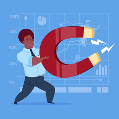 African American Business Man Holding Magnet Pulling Success Ideas Concept Flat Vector Illustration