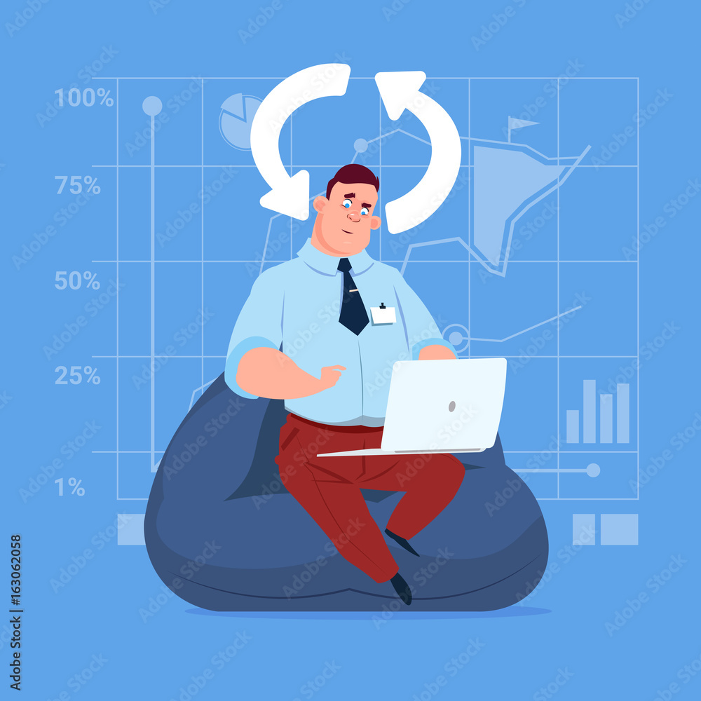 Poster business man use laptop computer updating software applications media social network communication b