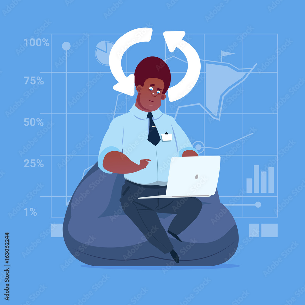 Poster african american business man use laptop computer updating software applications media social networ