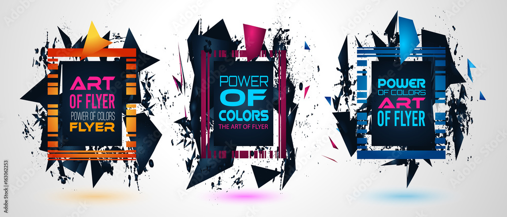 Poster futuristic frame art design with abstract shapes and drops of colors behind the space
