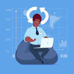 African American Business Man Use Laptop Computer Updating Software Applications Media Social Network Communication Businessman Flat Design Vector Illustration