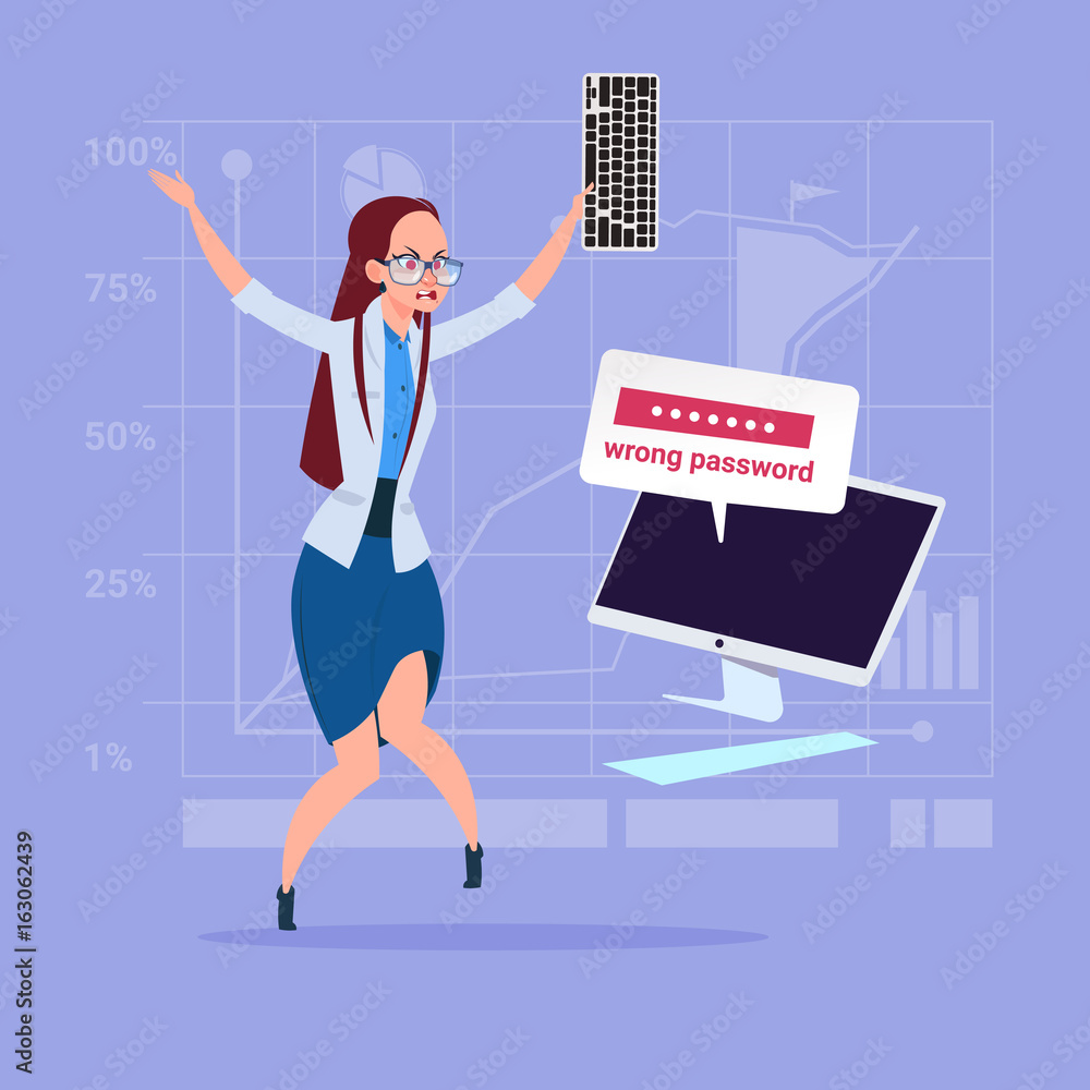 Poster angry business woman inputting wrong password using computer problem with access concept flat vector