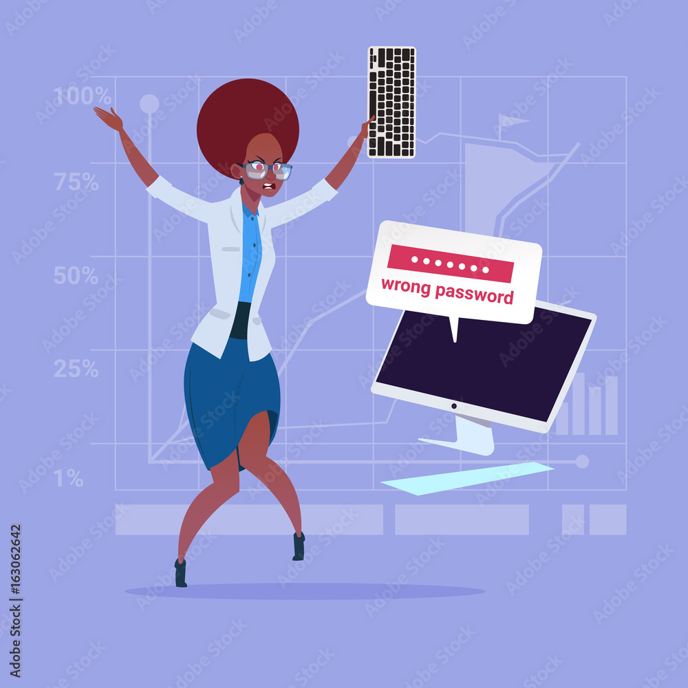 Poster angry african american business woman inputting wrong password using computer problem with access co