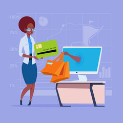 African American Business Woman Use Computer Online Shopping Bag Hand Screen Buying Through Internet Commerce Flat Vector Illustration