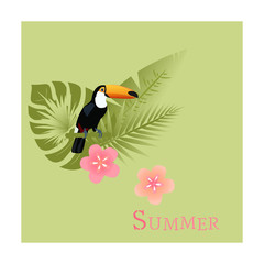 Summertime. Toucan with palms and tropical flowers in watermelon colors.
