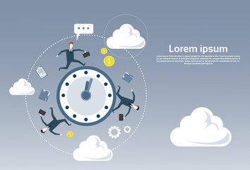 Business People Group Turning Around Alarm Clock Deadline Time Management Concept Flat Vector Illustration